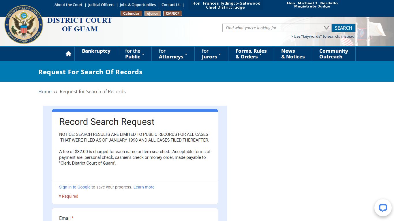 Request for Search of Records - District Court of Guam